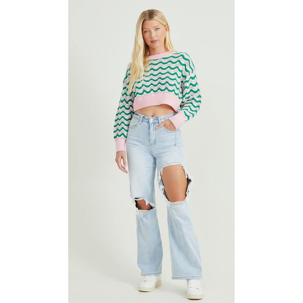 Altar'd State Cropped Sweater Womens S Pink‎ Green Chevron Pointelle Boho Beach
